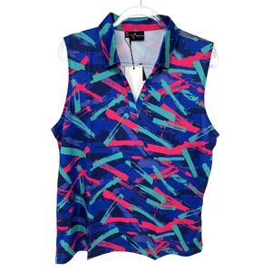 Yatta Golf Sleeveless Polo Womens L Blue Print Stretch Moisture Wicking NWOT